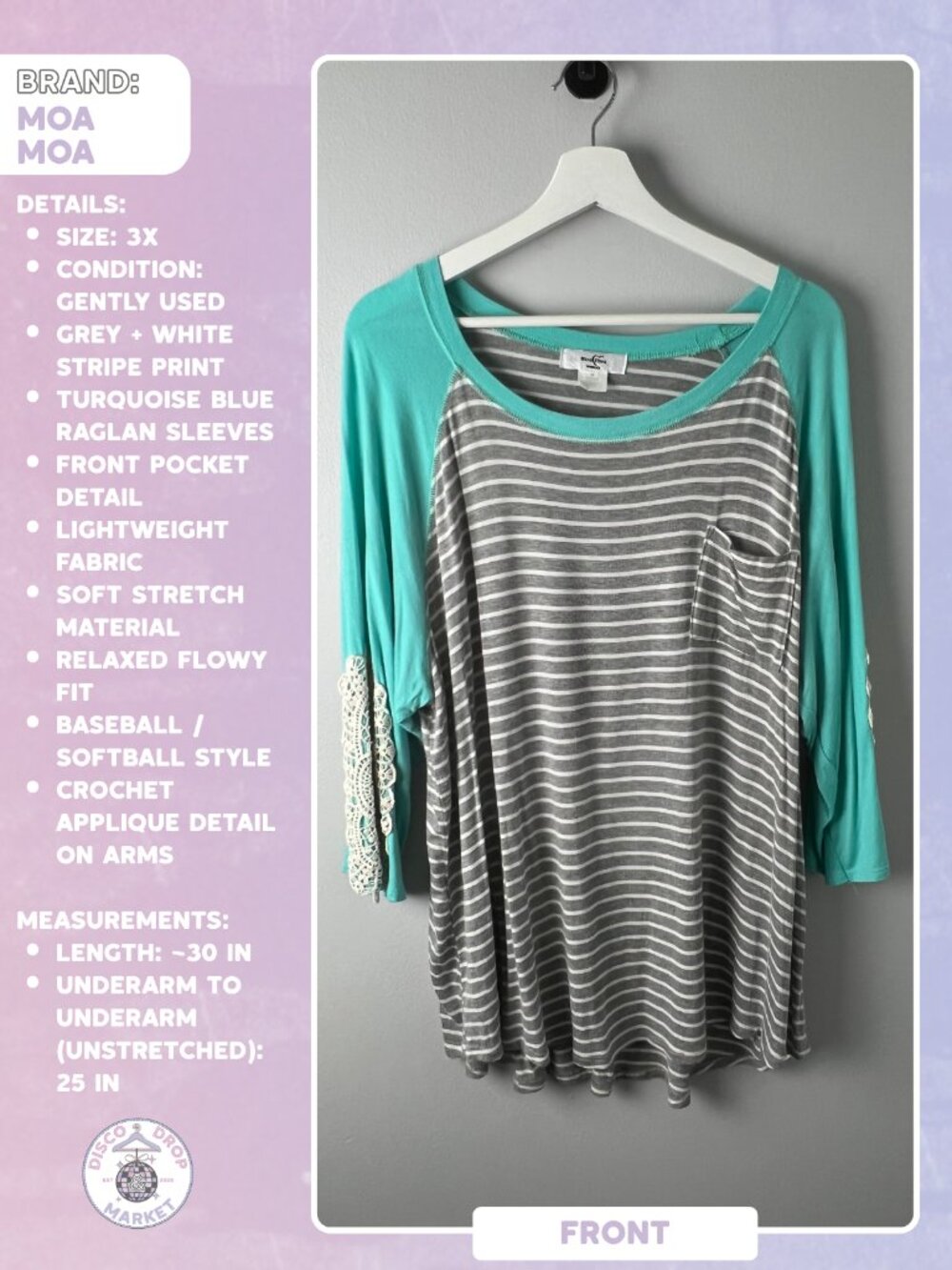 Moa Moa Women’s 3X Grey/White Stripe Raglan Tunic Top Blue Sleeve Softball Tee